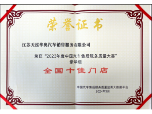 2023年度中國(guó)汽車售后服務(wù)質(zhì)量大賽”豪華品牌組“全國(guó)十佳門店”